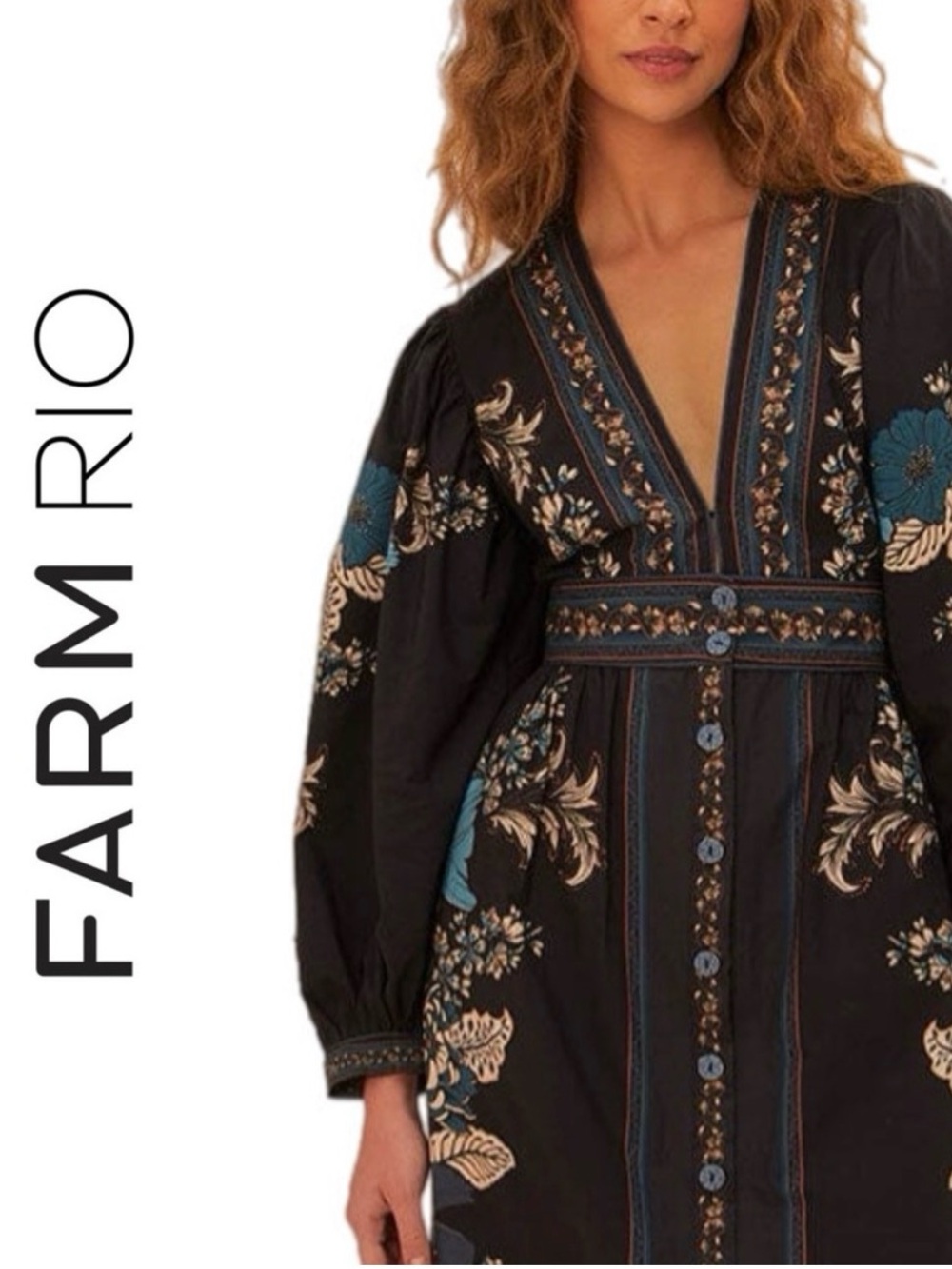 FARM Rio Blossom Tapestry Black Midi Dress L - Picture 2 of 4